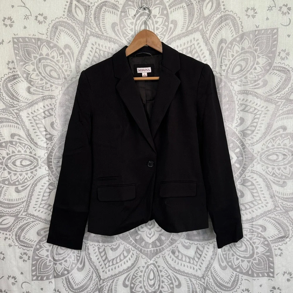 Euc $48 Merona Target Suit Coat Jacket Blazer Career Black Pockets Black 2 XS - Picture 1 of 10